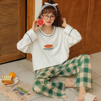 

New Autumn Winter Long Pajama Sets Cotton Women's Sleepwear White Top Green Pants Loose Pyjamas Soft Nightwear Round Neck 2PCS