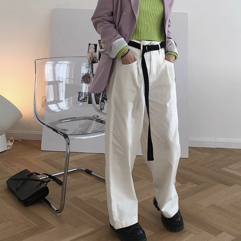 

Women High Waist Loose Pant Straight Female Solid Wide Leg Losse Casual Pants With Sashes Vintage Autumn Spring