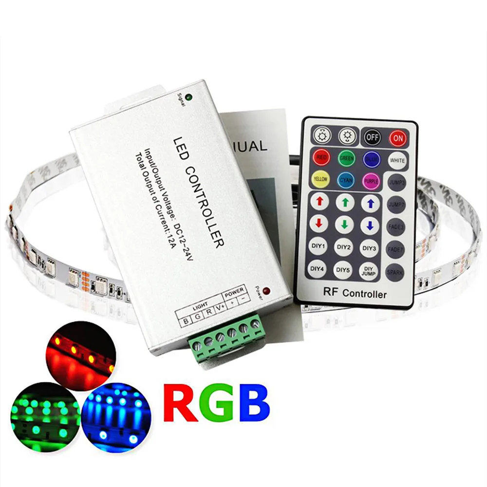 

RGB LED Controller Dimmer DC 12V 24V 12A Aluminum 7 Colors 6 DIY 5 Modes 28 Keys Wireless RF Remote Controller for RGB Strips