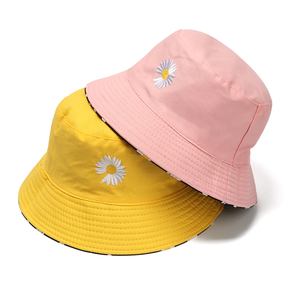 Daisies Embroidered Buckets Hat Cow Women Transparent Lace Flower Beach Panama Hats Top Snapback Fashion Daisy Sun Cap Summer pink fur bucket hat