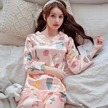 Pajamas Womens Spring and Autumn Ice Silk Long-sleeved Student Cute Korean Imitation Silk Loose V-neck Cartoon Home Service