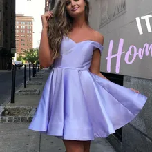 Лавандовые короткие платья для выпускного вечера с открытыми плечами Сатиновые кружевные сзади простые Выпускные платья для выпускного вечера Vestidos De Festa