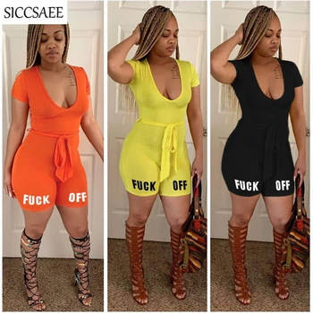 

Deep V Neck Letter Printing Bandage Playsuits Short Sleeve Knitted Bodycon Bodysuit With Sashes Sexy One Piece Jumpsuits Shorts