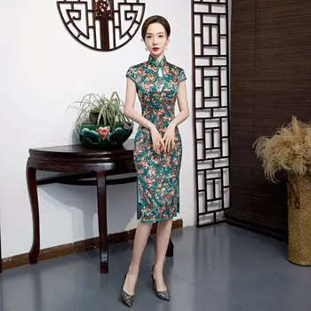 

Oversize 4XL Female Print Short Sleeve Cheongsam Vestidso Vintage Green Mandarin Collar Qipao Summer High Split Chinese Dress