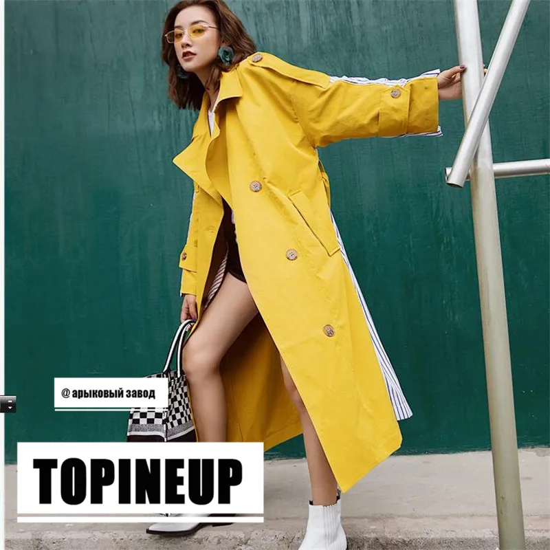 

New collections Spring Autumn Fashion Oversized buttons Trench coats Strrip Print patchwork female ourerwear am007