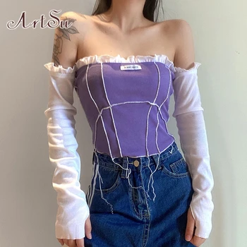 

ArtSu Off Shoulder Cropped Tank Tops Women Sexy Ribbed Knitted Crop Top Ladies Streetwear Basic Tees Slim Fit Camis 2020 TS52470