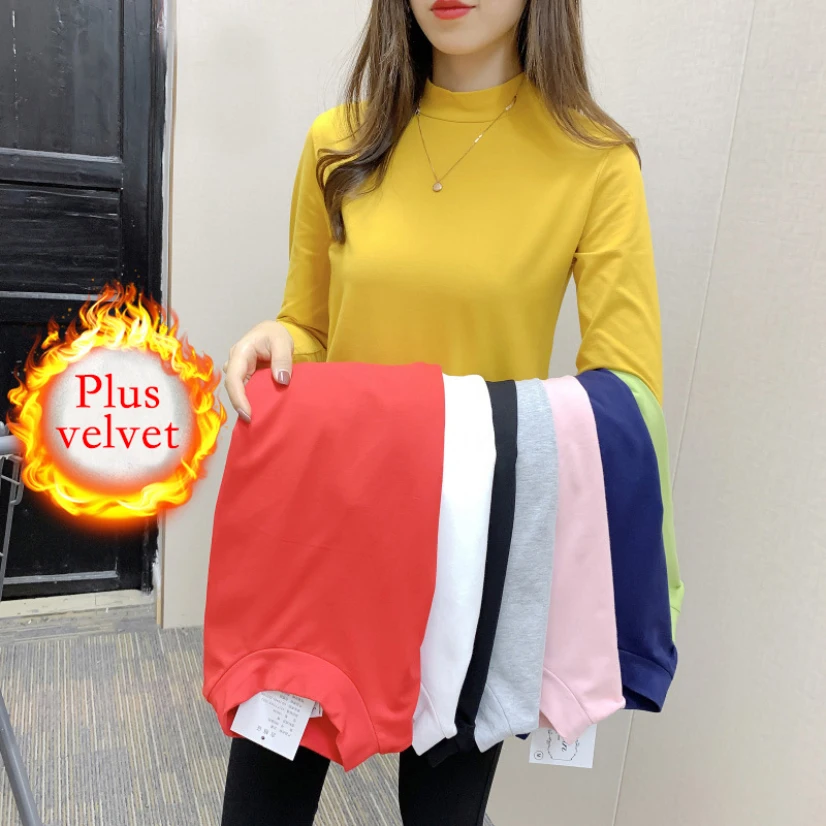 

Plus Velvet Bottoming Shirt 2020 New Korean Turtleneck Female Top Long Sleeve Slim Basic T-Shirt Casual Autumn Winter