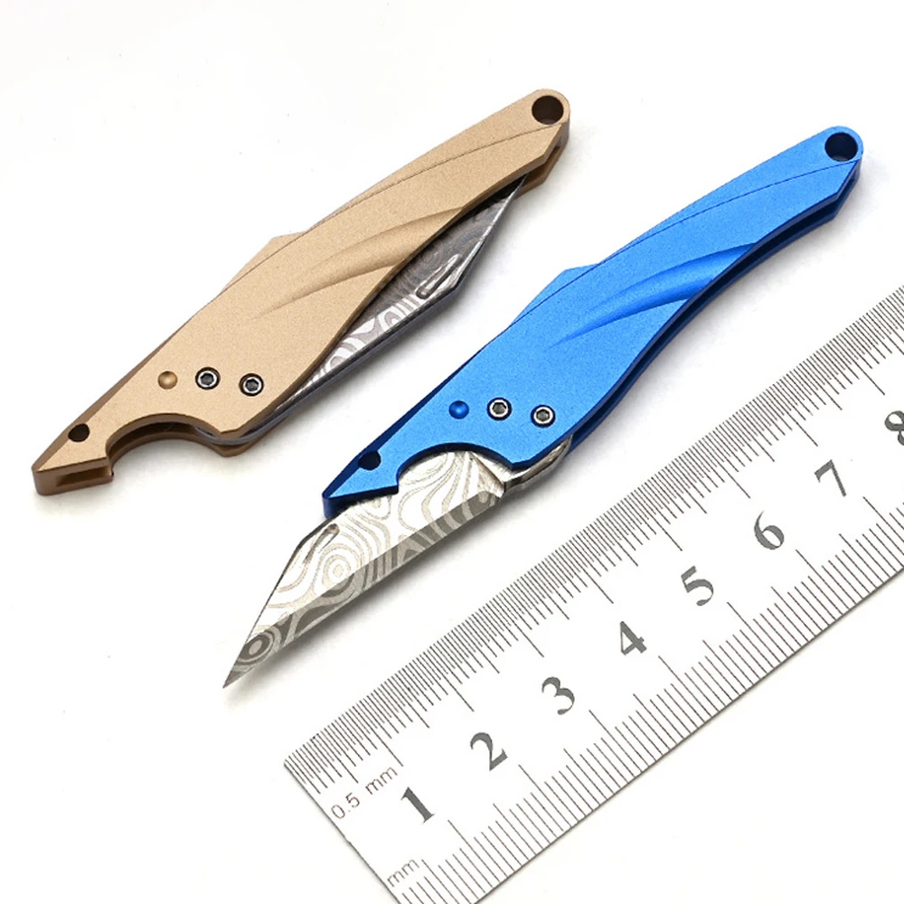 aço de titânio faca dobrável damasco lâmina latão lidar com caixas cortador ao ar livre edc faca de faca de bolso