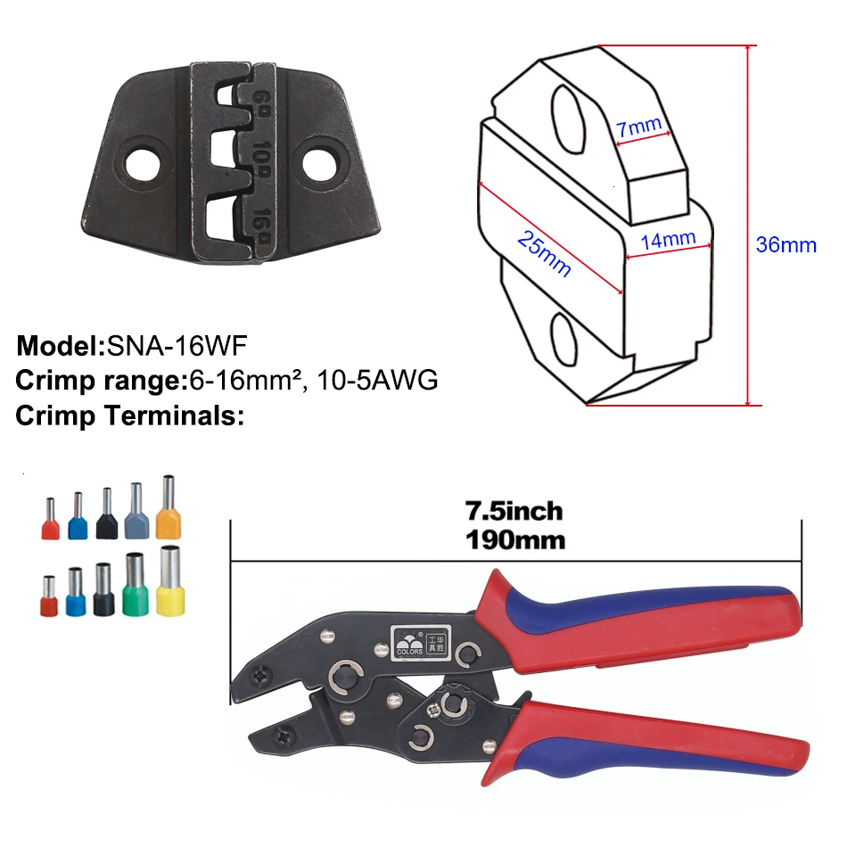 Обжимной инструмент, инструмент для обжима проволоки и сменные штампы для термоусадочных разъемов, неизолированные наконечники - Цвет: SNA-16WF