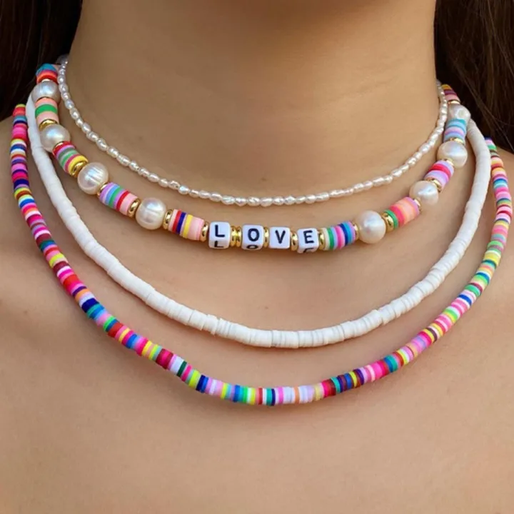 4 Pcs Boho Love Rainbow Clay Beaded For Women Imitation Pearl Choker Handmade Y2k Aesthetic Necklaces Jewelry - Necklace - AliExpress