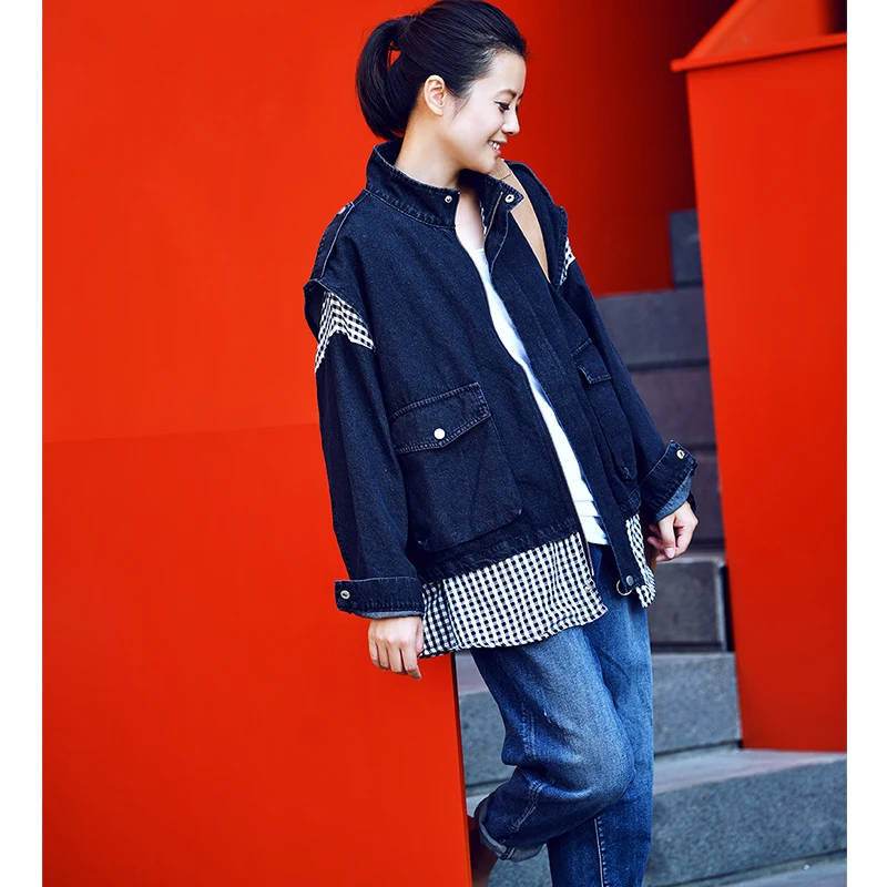 

W8921 Korean version of large plaid patchwork cowboy boyfriend wind oversize coat woman