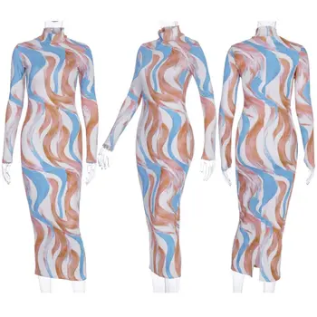 

2020 Spring Abstract Printed Sexy Bodycon Women Dress Long Sleeve Party Skinny Midi Pencil Dress Lady Slim Basic Wrap Clubwear