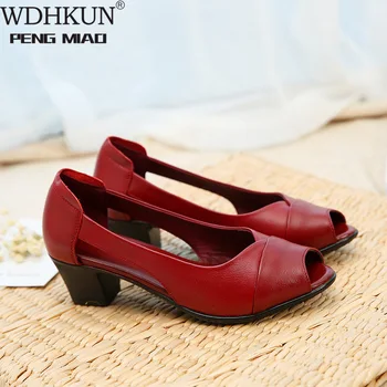 

Summer Genuine Leather Comfortable Ladies Mid Heel Sandals Women Shoes Hollow Peep Toe Square Heel Sandals Woman Black M843