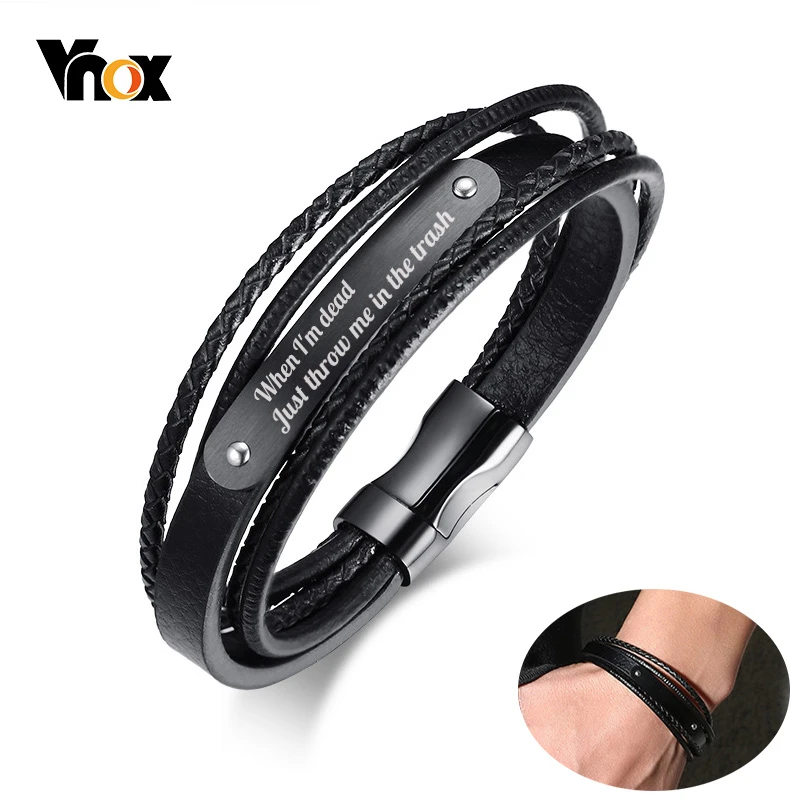 

Vnox Mens Custom Engraving "When I'm dead Just throw me in the trash" Black and Gold Color Wrap Bracelets Bangles Jewelry