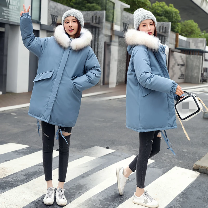 

2019 Korean Mid-Long Big Fur Collar Slim Parkas Women Winter Jacket Hooded Warm Coat Female Down Cotton Parka Thick Outerwear