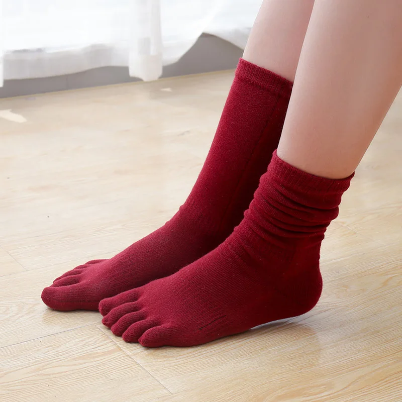 Long Tube 5 Finger Socks for Women Lady Cotton Toe Socks Solid Color Harajuku Mid Calf Slouch Socks High Quality Woman's Socks