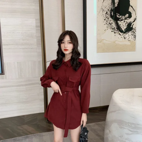 Blusas mujer de moda рубашки с отложным воротником и поясом на пуговицах с длинным рукавом Женские топы и блузки корейская модная одежда - Цвет: Бургундия