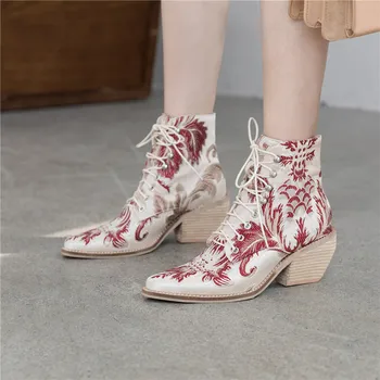 

YMECHIC Embroidery Flower Silk Satin Lace Up Ankle Boots for Women 2019 Autumn Winter Casual Stacked High Heels Booties Shoes