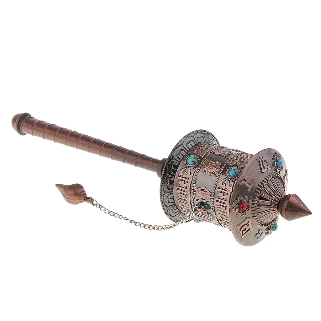 Tibetan Metal Buddhist Long Hand Held Prayer Wheel Om Mani Padme, Vintage Style