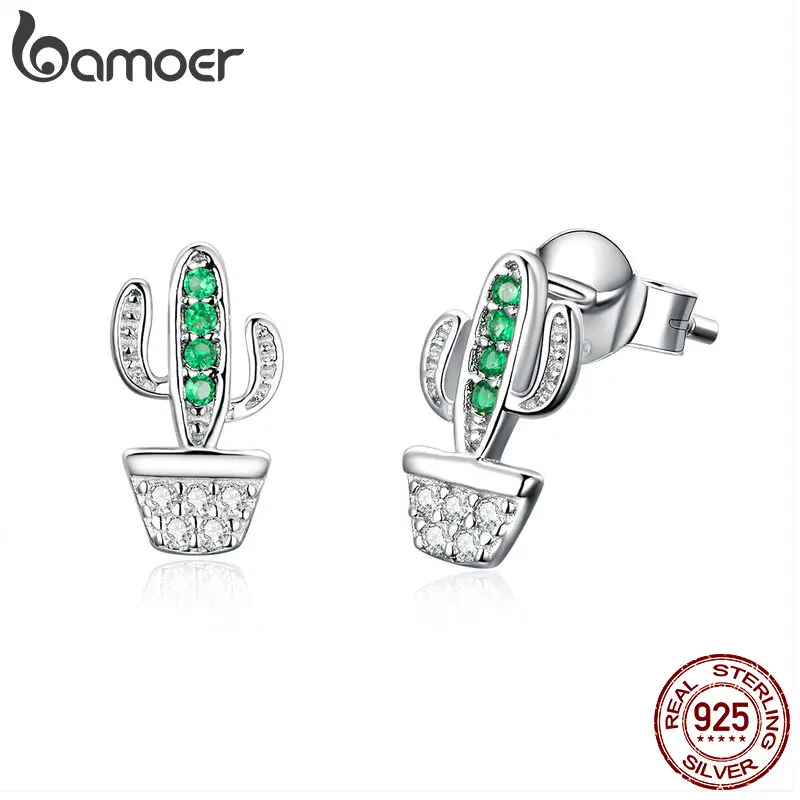 Женские серьги гвоздики с зеленым КАКТУСОМ BAMOER из настоящего серебра 925 пробы прозрачным кубическим