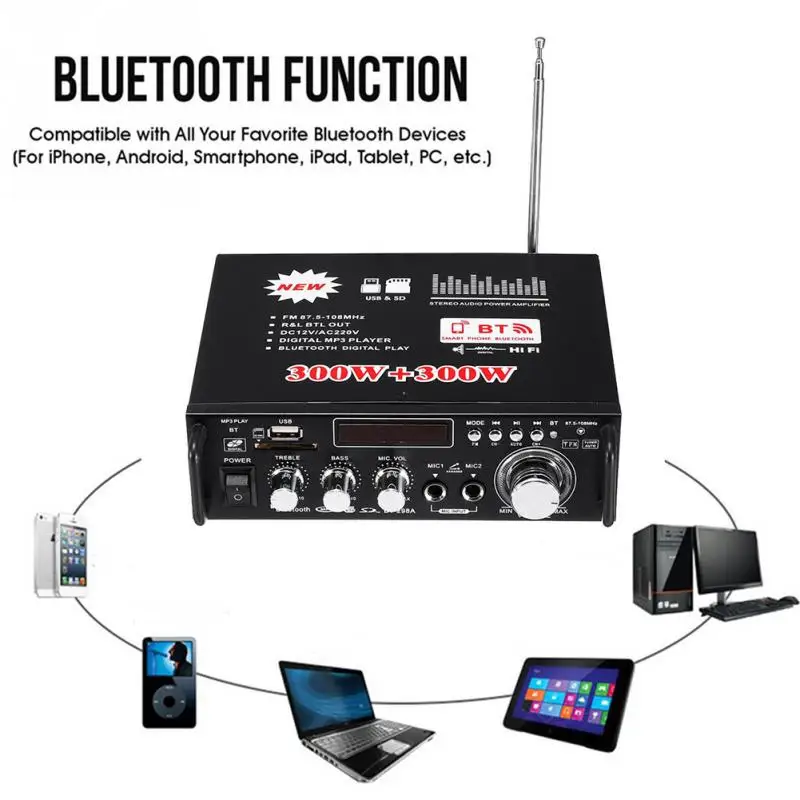 

Hot Channel 600W Audio Power HiFi Amplifier 326BT 12V/220V AV Amp Bluetooth Speaker with Remote Control for Car Home
