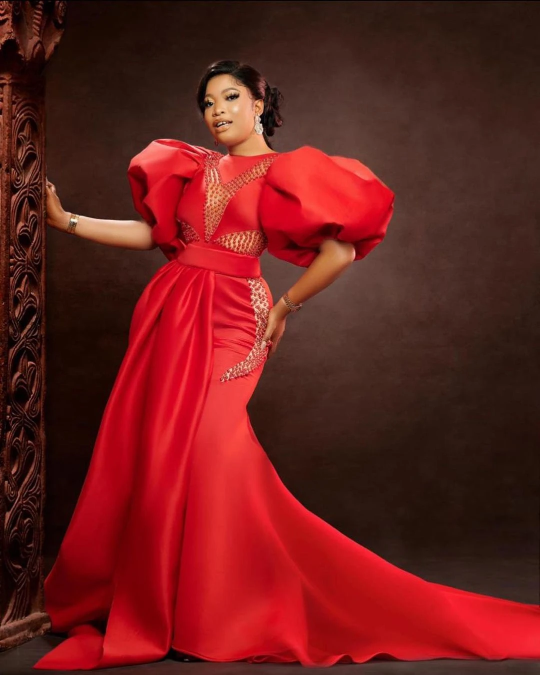 Charming Red Aso Ebi Prom Dresses Mermaid Shape Puffy Sleeves With Train Women Evening Gowns Made Sheer Beaded Prom Gowns