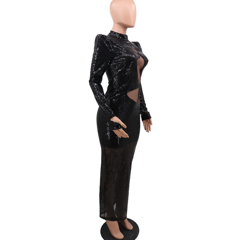Сексуальное Клубное платье с блестками для женщин, длинный рукав, высокая талия, эластичное черное платье с запахом, Осень-зима, облегающее длинное платье-карандаш