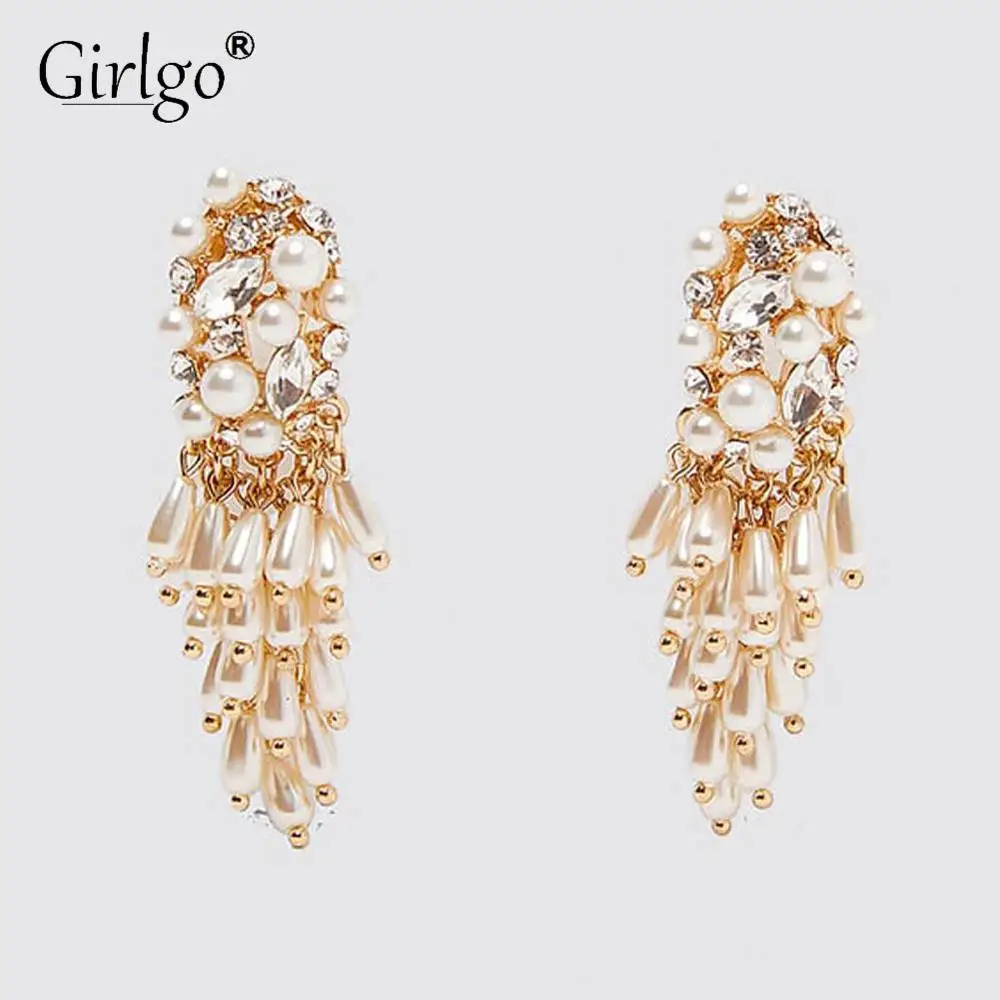 

Girlgo ZA Vintage Metal Pearls Beaded Fringed Tassel Earrings for Women Fashion Gold Color Drop Earrings Jewelry Party Gifts