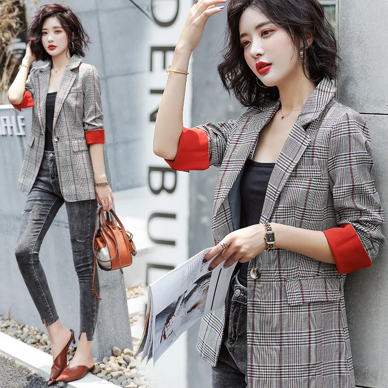 

Plaid Small Suit Coat Women's Short 2019 Spring And Autumn New Style Korean-style Casual Elegant Online Celebrity Slim Fit Versa