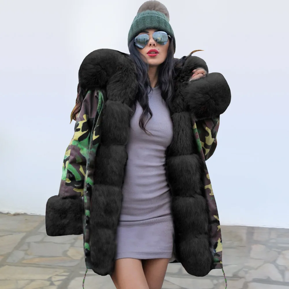 Модная новинка, стильное зимнее пальто с большим шерстяным воротником, женская одежда, теплые женские пальто, повседневная куртка с капюшоном и камуфляжным принтом, пальто для женщин
