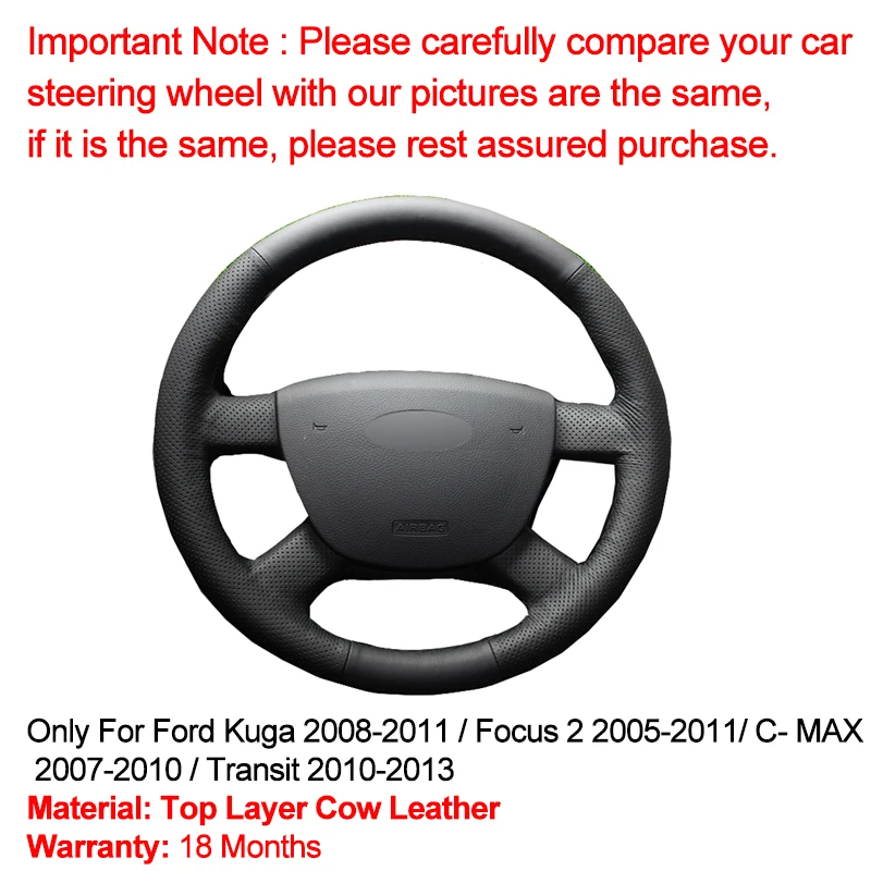 Ручная швейная крышка рулевого колеса для Ford Kuga 2008 2009-2011 Focus 2 2005-2011 C-MAX 2007-2010 Transit 2010