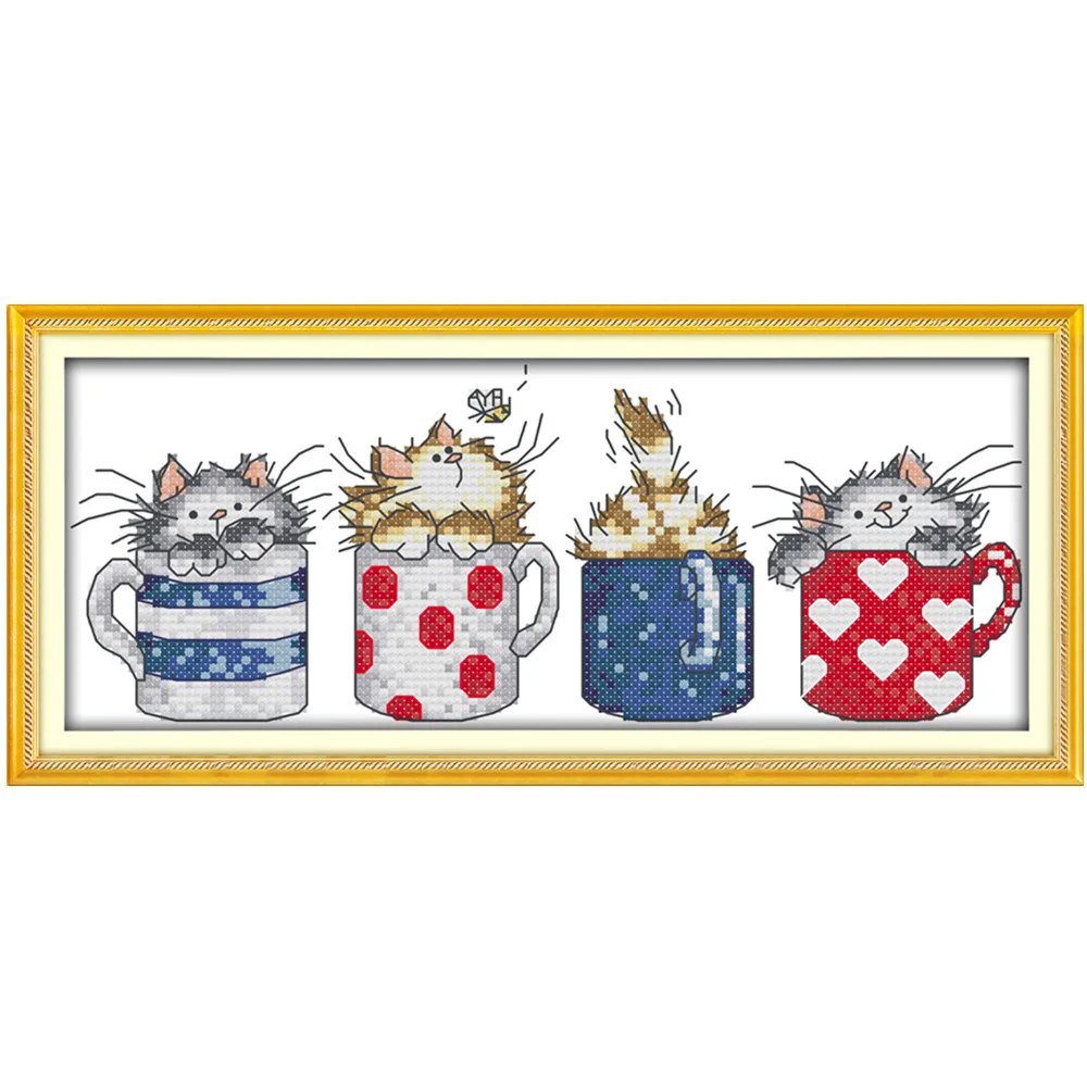 Cats in Cups Cross Stitch Kit 14ct 11ct Canvas Cotton Floss Embroidery DIY