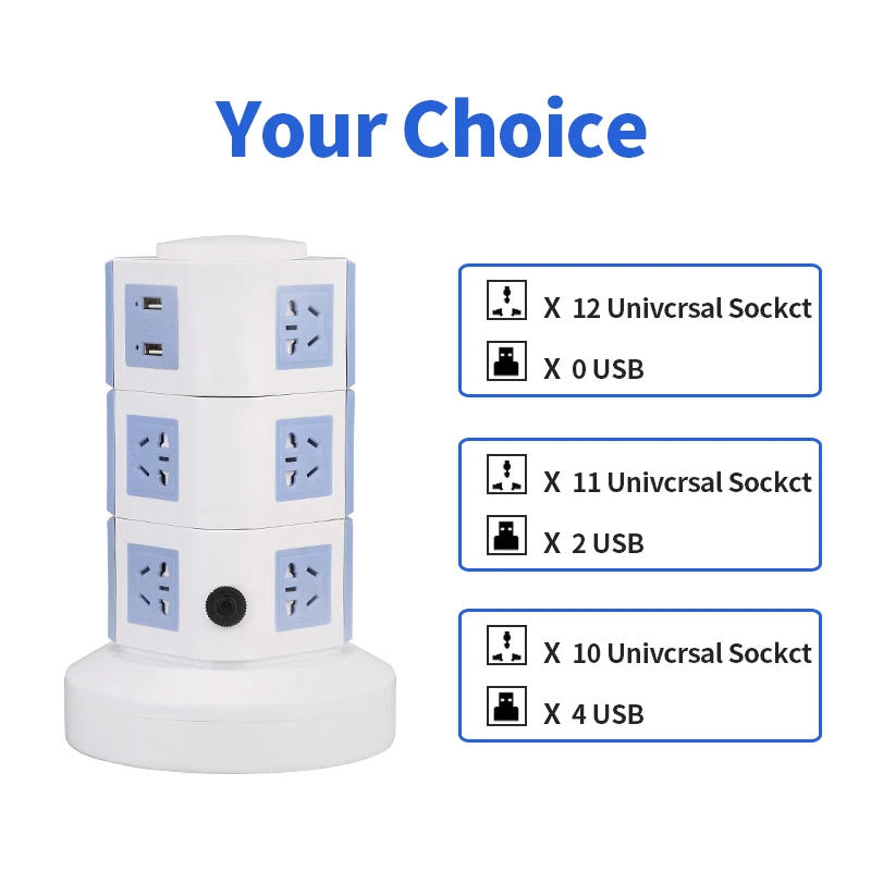 H229f6b4a88ea4d0d8cdd2976e0f7e276k Multiple Tower Power Strip Vertical Universal Surge Protector Electrical Socket with USB Switch 3m Extension Cord 1-5 layers