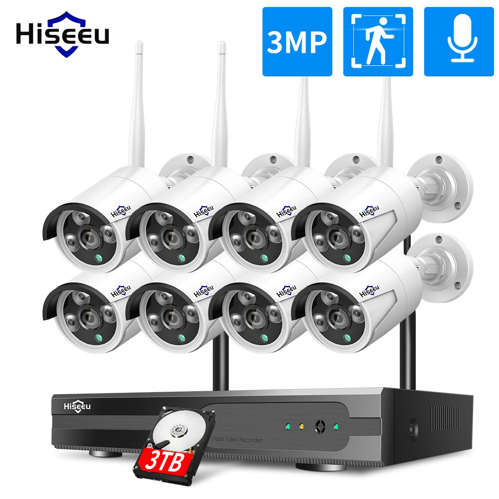 Sistema CCTV 2MP 1080P 8ch HD kit NVR inalámbrico 3TB HDD para exteriores IR visión nocturna IP Wifi Cámara sistema de seguridad vigilancia Hiseeu