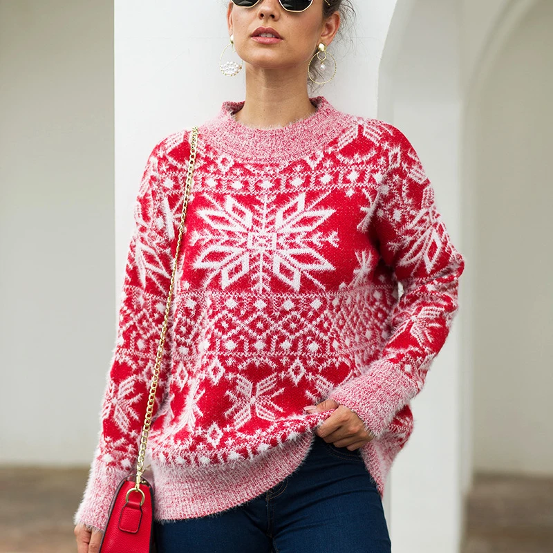 Осень зима свитер женский Повседневный Ретро кашемировый Рождественский пуловер со снежинками вязаные свитера женские пуловеры femme