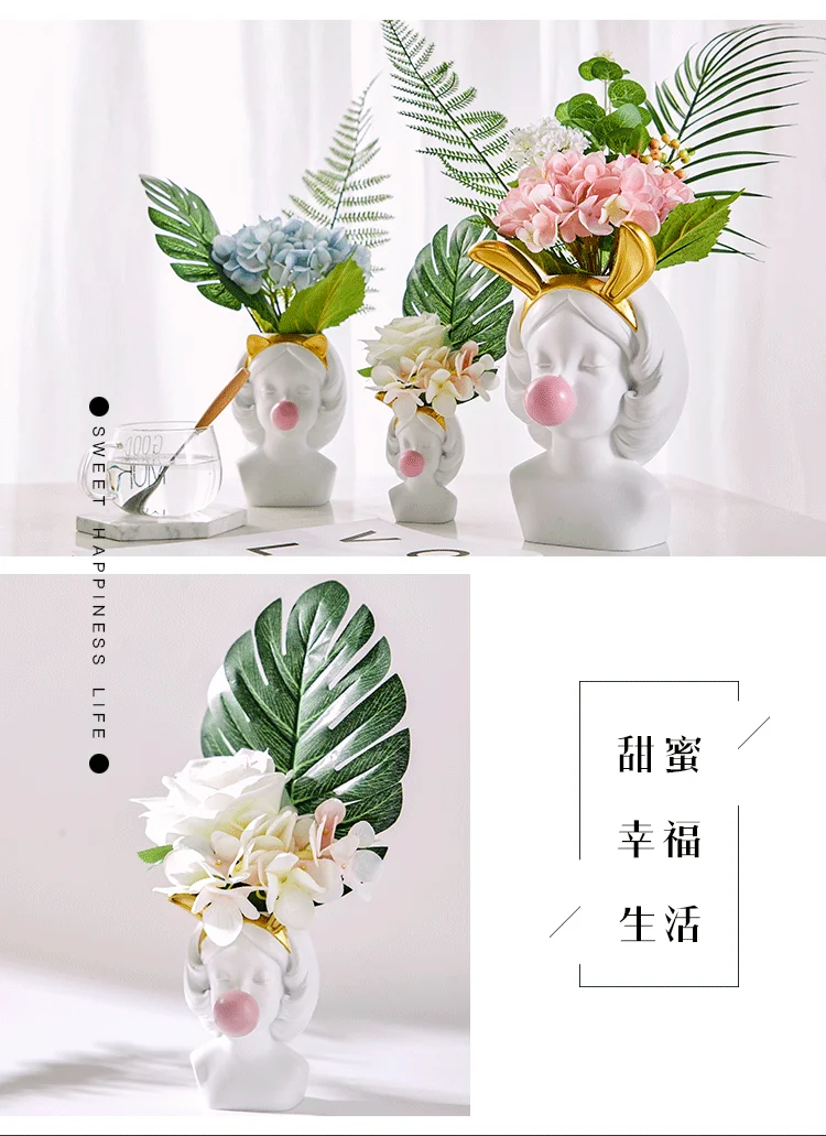 Creative Nordic style Resin vase Cute girl bubble gum Decorative smal flower pot modern lovely Art decoration Flower arrangement (3)