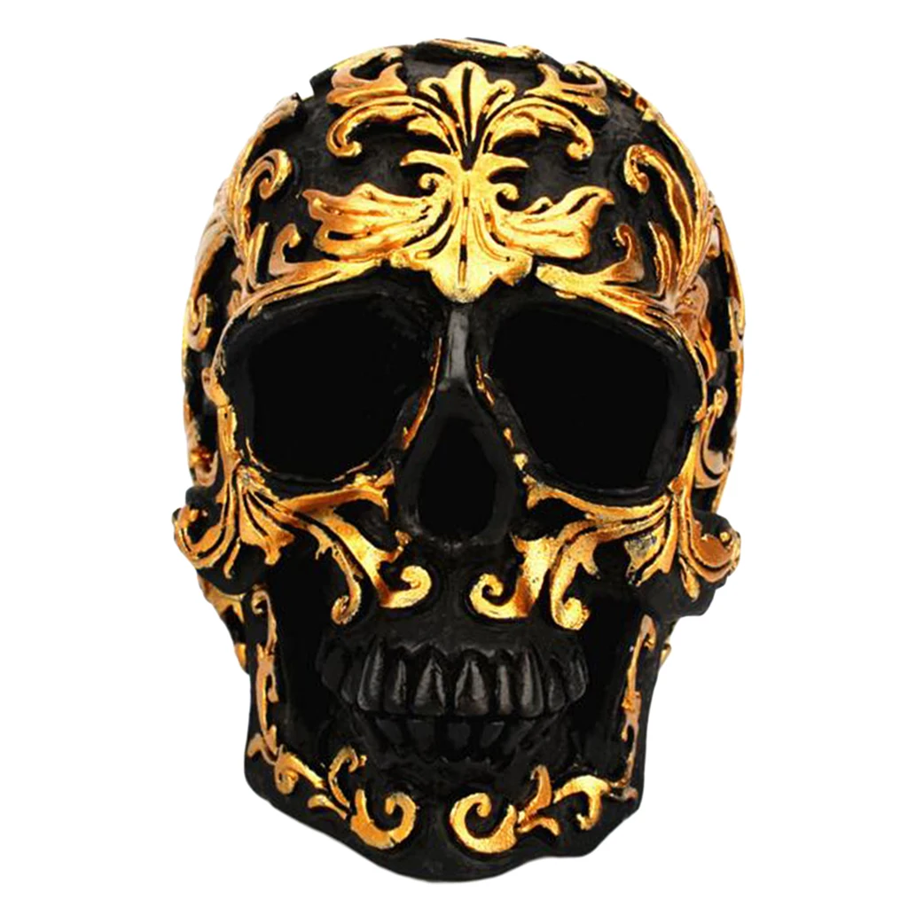 Resin Halloween Resin Skull Statue Skull Head Sculpture with Golden Flower Sign, Suitable for Home Office Table Decoration