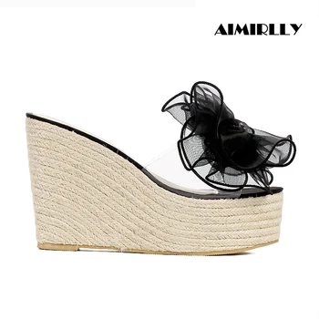 

Summer Women Wedge Slippers Platform Clear PVC Butterfly-knot Beach Antiskid Female Sandals Riband Shoes Slides Women Mules