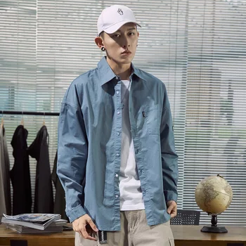 

Korean Simple Casual Cotton Men Shirt Solid Blue Loose Long Sleeve Button Shirts Camisa Hombre Retro Men Clothes New MM60NCS