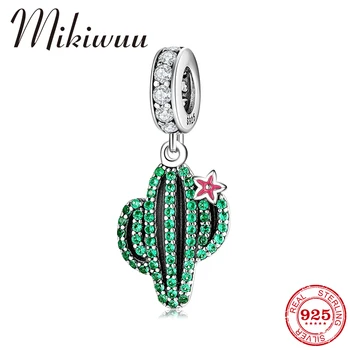 

Green plant cactus 925 Sterling Silver Pendant Clear CZ Beads fit Original Mikiwuu Charm Bracelets Women Jewerly Making