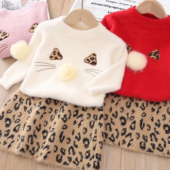 

Girls Set Autumn Winter Lovely Cartoon Long Sleeve Sweater Top+ Printed Leopard Dress Christmas Children Clothes