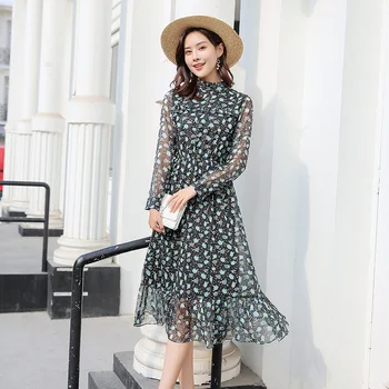 

2020 season floral chiffon dress female lady temperament slim long paragraph over the knee elegant base