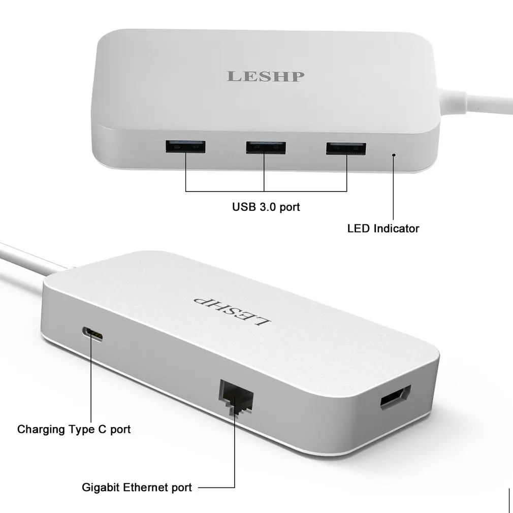 LESHP алюминиевый белый type-c к USB-3.0 3 портовый концентратор RJ45 Gigabit HDMI 4K PD зарядка цифровой AV конвертер адаптер
