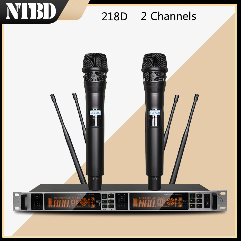 NTBD Stage Performance School Party Home KTV Karaoke 218D UHF Professional Dual Wireless Microphone System Dynamic Big Screen |