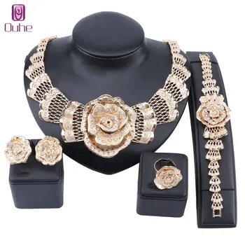 

Fashion Dubai Flower Crystal Jewelry Sets Big Choker Necklace Earrings Sets For Women Hollow Out gold Color Ring Bracelet
