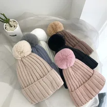 Южная Корея Зима новая простая одноцветная шерстяная шапка женский светильник с большим меховым шариком плюс бархатная Толстая теплая вязаная шапка