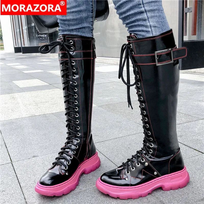 Женские сапоги из натуральной кожи MORAZORA черные до колена на платформе шнуровке с