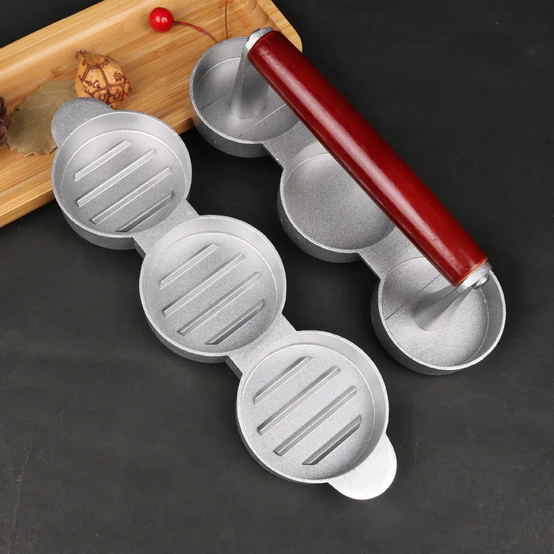 3 Holes Aluminum alloy Wooden handle Manual Hamburger Presses Maker Press Cutlets Mold Grill Kitchen Tools Home Meat Pie Burger02