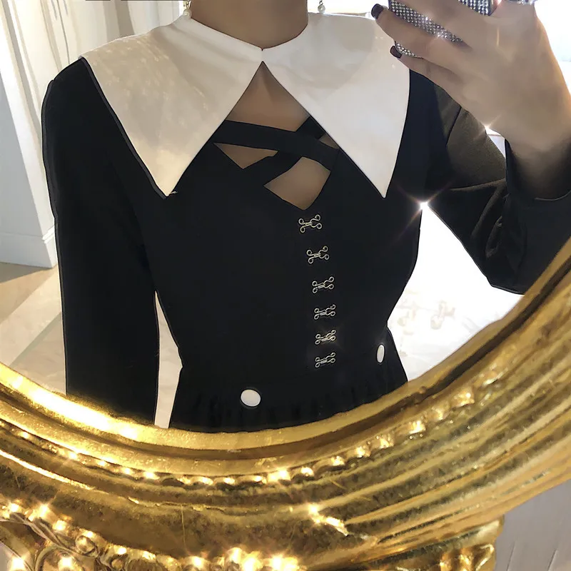 

Large Size Winter Black Vintage Dress Women Drawstring Evening Dinner Dress Ladies Women Long Sleeve England Style Elegant Dress