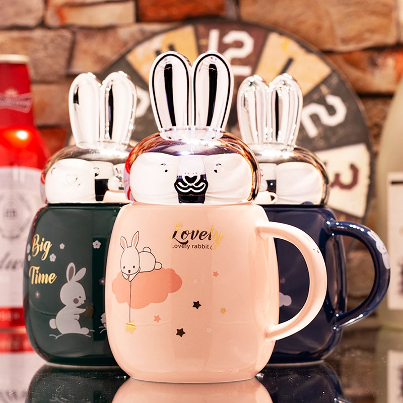 Cartoon Ceramic Mugs With Lovely Rabbit Ear Lids Korean Style Water Bottle  Tea Coffee Milk Breakfast Fresh Cup Coffee Mugs